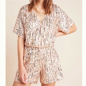 Anthropologie Sequin Romper in rose gold pink and silver